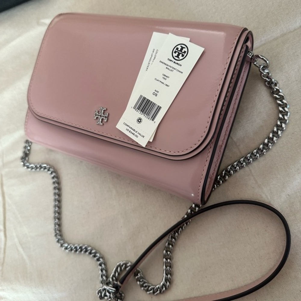 New Tory Burch EMERSON PATENT CHAIN WALLET CLAY PINK